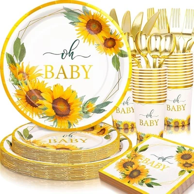 Vajilla desechable para baby shower Oh Baby Sunflower (platos, servilletas, utensilios) Foto 1 de 4