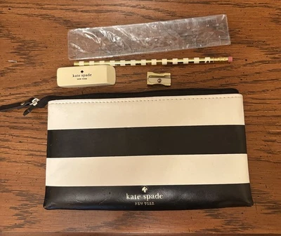 Kate Spade New York Negro/Blanco Rayas Lápiz Bolsa Escuela 7.5 X 4” con Suministros Foto 1 de 2