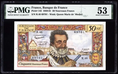 France 50 NF 1959 P143 PMG About Uncirculated 53  - Image 1 of 4