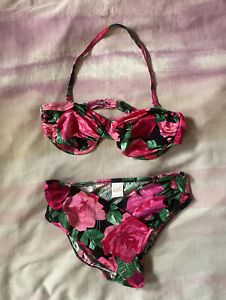 VTG 80s 90s Jantzen Bikini Women Floral High Waist Pink Green Black Size 12