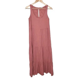 Nicole Miller Linen Tiered Maxi Dress Pink Womens XS Lagenlook Peasant Boho - Picture 1 of 9