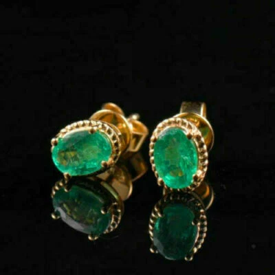 2Ct Oval Cut VVS1/D  Green  Emerald Earrings 14K Yellow Gold Finish - Image 1 of 4