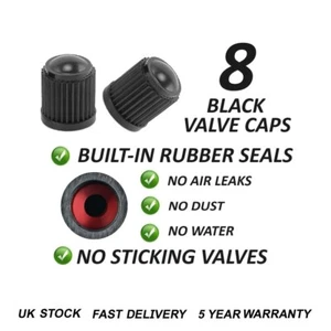 8x Schwarz Kunststoff Reifenschaft Ventil Luft Staubkappen mit Gummidichtungen Universal - Bild 1 von 1