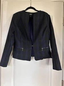 XOXO Women's Blazer Jacket Size Xl Blue Green Plaid Hook & Eye Fitted Lined - Picture 1 of 10
