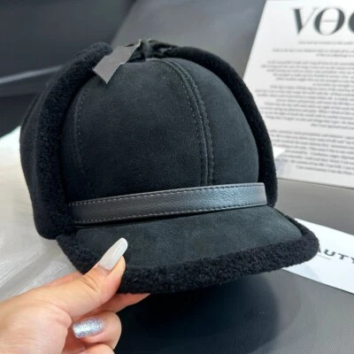 Men's Real Sheep Shearing Fur Hat Warm Peaked Cap Russian Hunter Hat Earlaps - Image 1 of 4