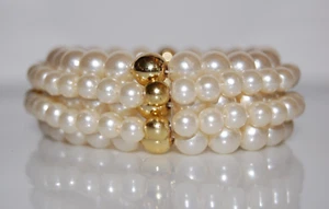 ELEGANT FAUX PEARLS & GOLDEN BEAD ACCENTS LARGE STATEMENT STRETCH CUFF BRACELET - Picture 1 of 7