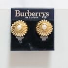 BURBERRY Vintage yellow gold Tone CLIP ON Earrings Retro Flower motifs Authentic
