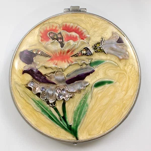 Jeweled flower motif antique look compact mirror, enamel painted w/ crystals - Picture 1 of 4