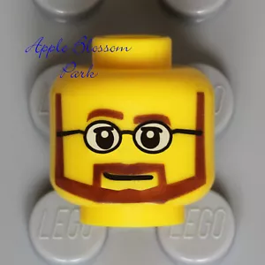 NEW Lego Male SMILE MINIFIG HEAD w/Round Eye Glasses Brown Beard Mustache Hair - Picture 1 of 3