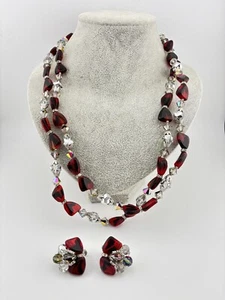 Vendome Red & Clear Bead Necklace & Earrings - Picture 1 of 6