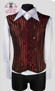 MEN CORSET VEST STEEL BONES RED STRIPED V-SHAPER LUXURY BROCADE PARTY DRESS, USA - Picture 1 of 4