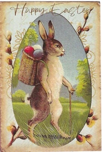 Vintage Ostern Postkarte RETRO Antik NEU NACHDRUCK braun Hase Kaninchen Korb Eier - Bild 1 von 2