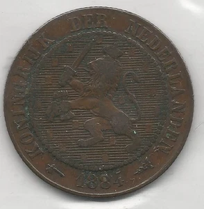 NETHERLANDS, 1884, 2-1/2 CENTS, BRONZE, KM#108.1, FINE-VERY FINE - Picture 1 of 2