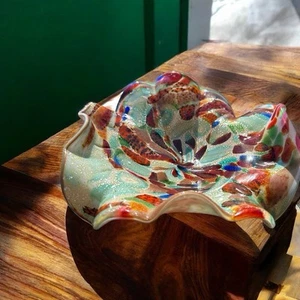 Vintage Marano 8” Rare Art Glass Bowl Tutti Frutti Gold Flake Ruffled Italy - Picture 1 of 4