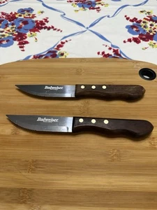 Vtg "BUDWEISER" Partial Serrated Lg Steak Knives W/Wood Handle 9 7/8”From BRAZIL - Picture 1 of 10