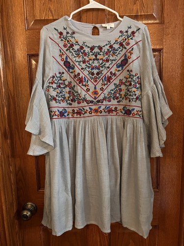 VETEMENTS Umgee Mini Abito Grigio Grande Corpetto Ricamato Maniche Svasate 3 4