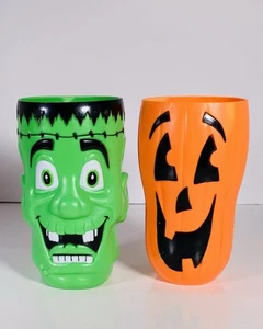 Lote 2 tazas de plástico estilo molde soplado Halloween vintage Jack O’Lantern Frankenstein - Imagen 1 de 7