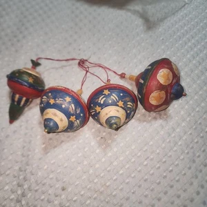 VINTAGE MCM WOOD SPINNING TOPS ORNAMENTS SET OF 4 - Picture 1 of 5