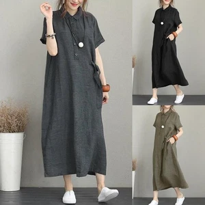 Black Summer Women Cotton Linen Vintage Casual Loose Oversie Long Dress - Picture 1 of 14