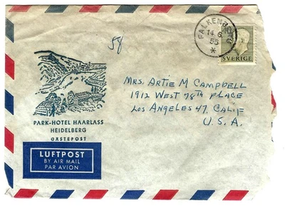 Suecia 1955 Falkenberg a LA, CA cubierta de correo aéreo Foto 1 de 2