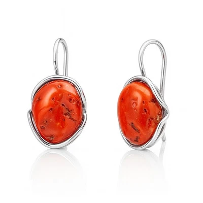 Orecchini pendenti monachella in argento 925 corallo rosso naturale artigianali - Immagine 1 di 4