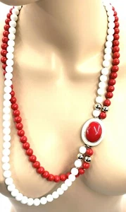 Collana Matinée Vintage Lucente Ovale Smaltato Occhio Rosso Bianco Perline - Foto 1 di 8