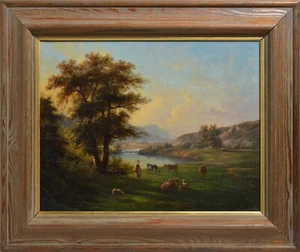 Schweizer Hirtenlandschaft Alpental Anfang 19. Jahrhundert Ölgemälde von Hess - Bild 1 von 8