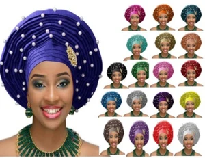 Auto Gele Headtie Pearl Brooch Turban Head Wrapper African Aso Oke Already Made - Picture 1 of 30
