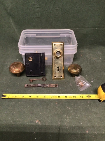 Vintage Lock Set VictorianStyle Rim Lock Steel And Brass With Key And Brass Nobs Cover