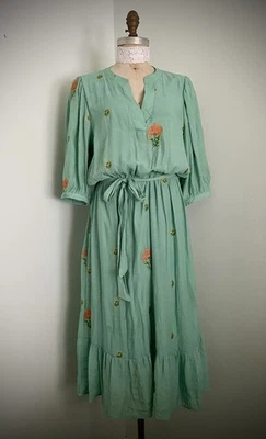 Anthropologie Figueroa 绿色花卉连衣裙 尺寸 XL 波西米亚农民 — 第 1/4 张图片