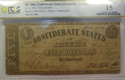 1861 T-12 $5 The Confederate States of America Note - PCGS Choice Fine-15 - Image 1 of 2