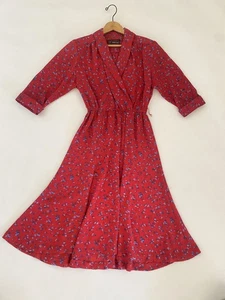 Vintage JT Dress Small Red Blue Floral Pleated Chiffon Dress Collar Sheer Midi - Picture 1 of 15