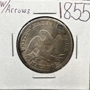 1855 P with Arrows 50c Seated Liberty Half Dollar Coin Circulated Details Holed - Picture 1 of 6