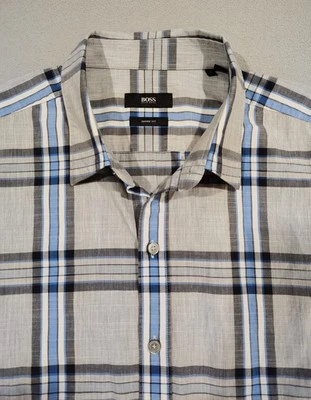 Camisa Hugo Boss Para Hombre Manga Corta Algodón Azul Gris Cuadros XL Ajuste Afilado Foto 1 de 4