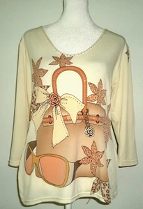 Vintage 80er Jahre VALENTINA Damen Beige Stretch Bluse Perlen - Bild 1 von 10