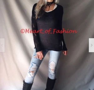 Distressed Cutout Long Sleeve Relaxed Knit Acrylic V-Neck Fall Sweater Top M - Picture 1 of 5