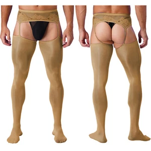 UK Men Stockings Pantyhose Cutout Crotchless Lace Tops Tights Sheer Garter Socks - Picture 1 of 99