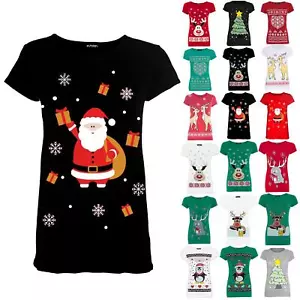 Womens Ladies Xmas Santa Sack Gifts Christmas Stretchy Pullover T Shirt Tee Top - Picture 1 of 19