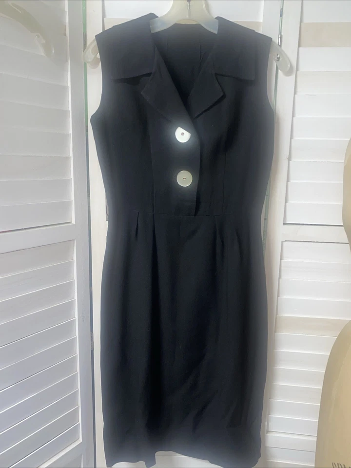 Vintage 50s Handmade Black Cotton Twill Linen Pencil Sheath Dress Size Medium - Image 1 of 4
