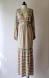Self Contrast Pastel Metallic Stripes Bohemian Long Sleeve Maxi Dress Women L - Picture 1 of 24