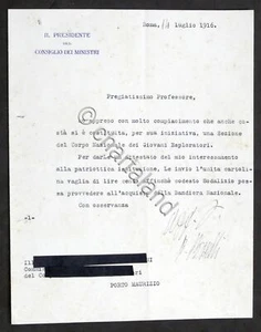 Lettera con Autografo presidente del Consiglio dei Ministri Paolo Boselli - 1916 - Imagen 1 de 2
