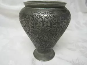 ANTIQUE PERSIAN MIDDLE EASTERN ENGRAVED TINNED COPPER VASE - Picture 1 of 10