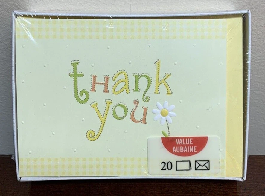 Sello de tarjetas de notas en blanco de agradecimiento margarita blanca de guinga amarilla - Juego de 20 Foto 1 de 2