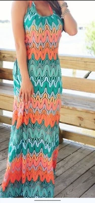 Judith March Size L Green Pink Halter Maxi Dress Chevron Lace Open Back Stretchy - Image 1 of 4