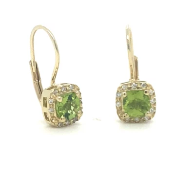 14k yellow Gold cushion cut real peridot & natural HSI diamond halo earrings - Image 1 of 4