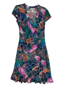 Joseph Ribkoff Women’s Size 8 Peacock Feather Dress Colourful Faux Wrap Ruffle - Bild 1 von 14