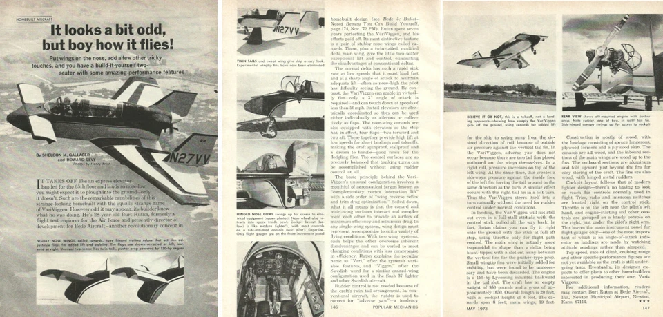 Artículo de avión vintage 1973, Vari Viggen Home Built Aircraft -030714 Foto 1 de 1
