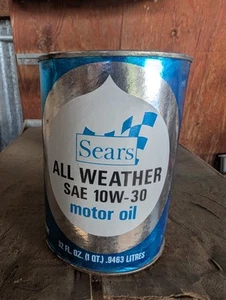 SEARS All Weather Motor Oil SAE 10W-30 Full Can Quart Cylinder VTG Stock 32oz - Picture 1 of 13