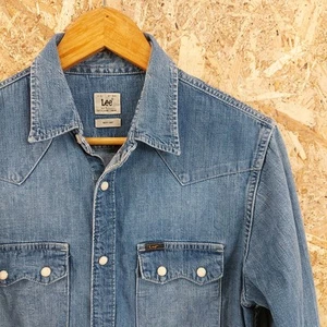 Small LEE Denim Shirt Mens Western Sawtooth Pearl Snap Slim Fit 36" Chest  - Picture 1 of 14