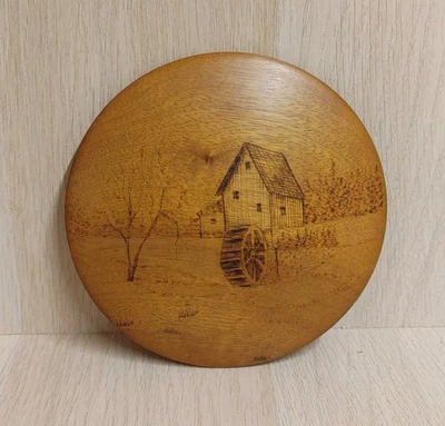 Vintage Myrtlewood Etched Barn Scene Wall Decor 5"  - Image 1 of 4